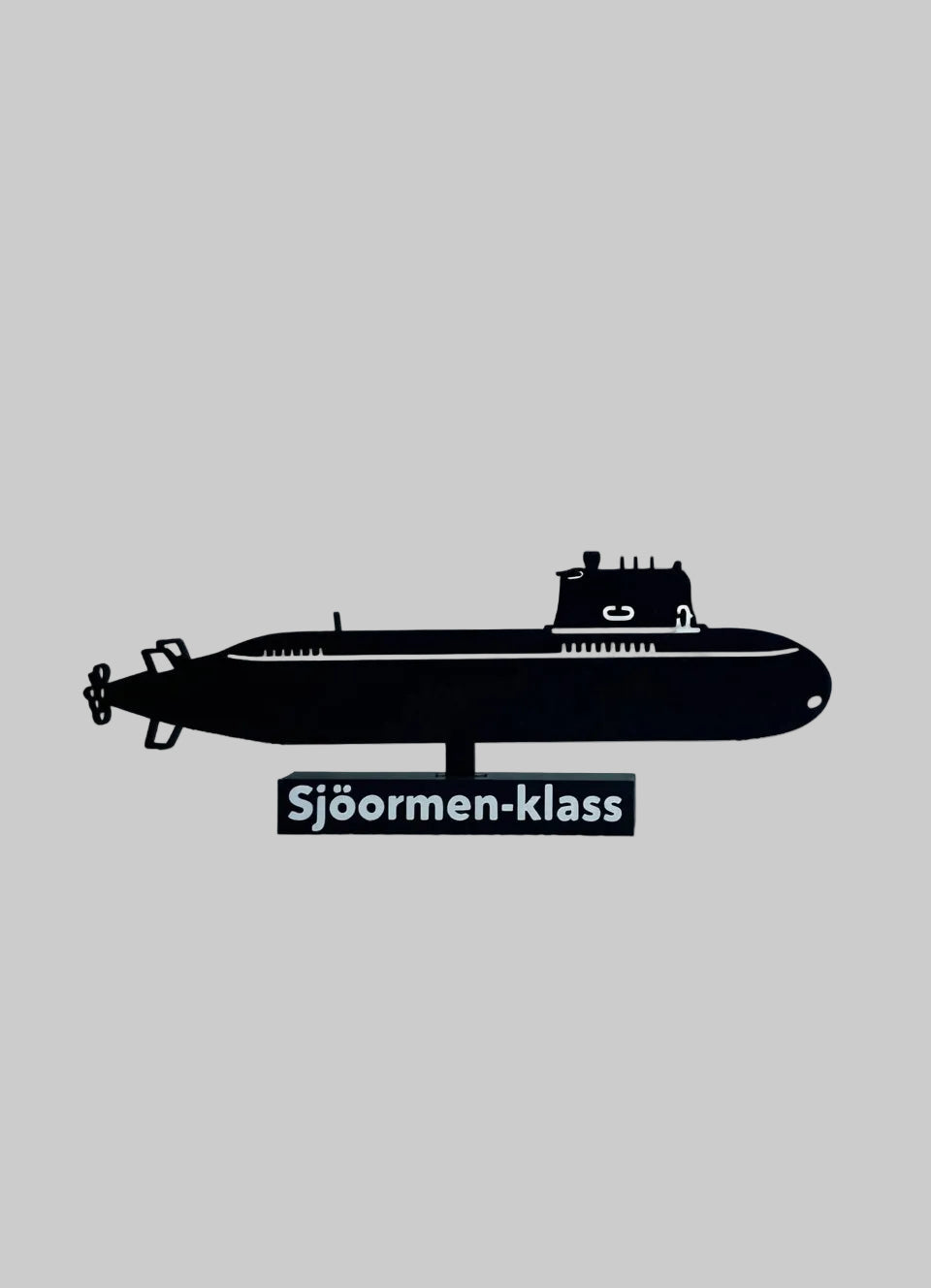 Black silhouette of a submarine with 'Sjöormen-klass' text on a light gray background