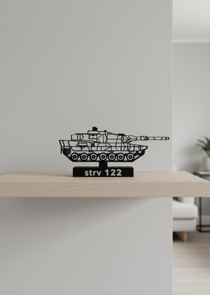 Tank model on a wooden shelf with 'strv 122' text in a modern interior setting.