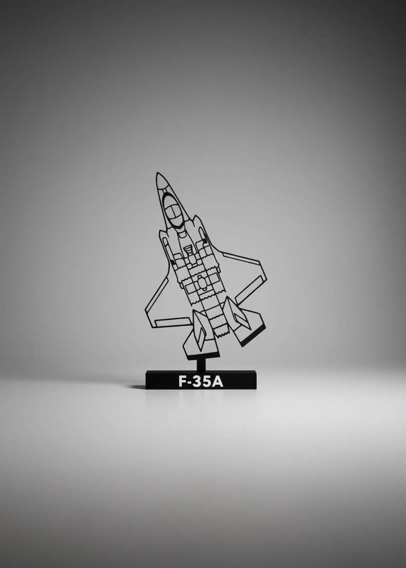 A black plastic F-35A jet model on a black stand, displayed on a white table against a gray wall with a framed picture in the background.