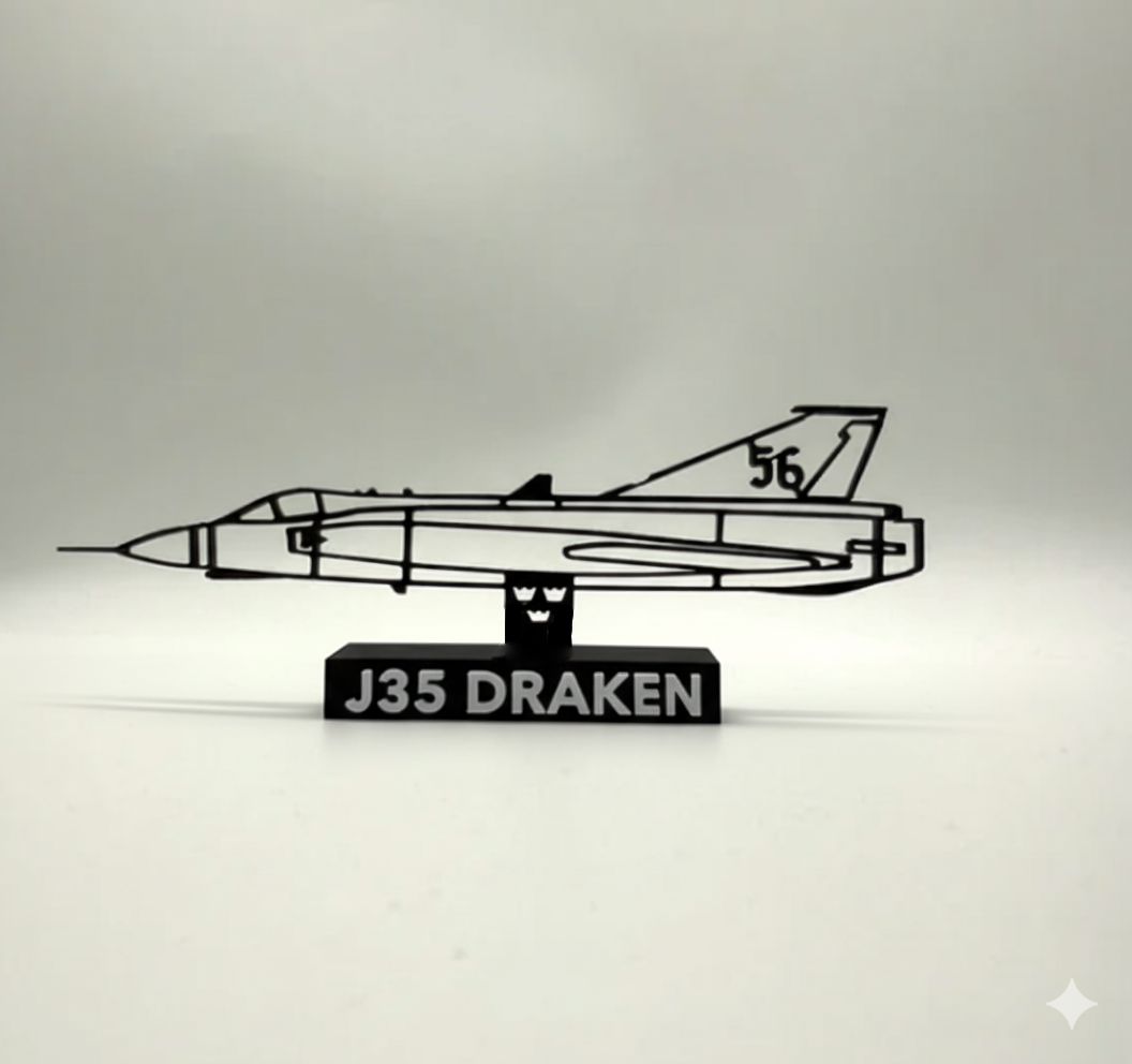 J35 Draken Fighter Jet - Side View Silhouette - 3D Printed Scale Model
