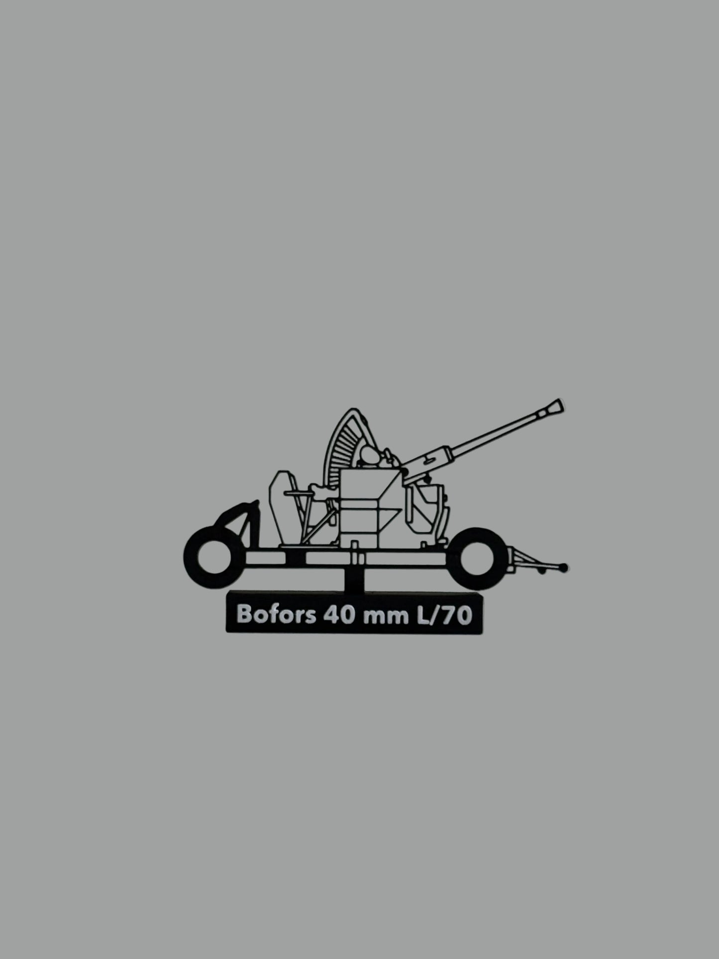 Black silhouette of a Bofors 40 mm L/70 cannon on a white surface with a light gray background