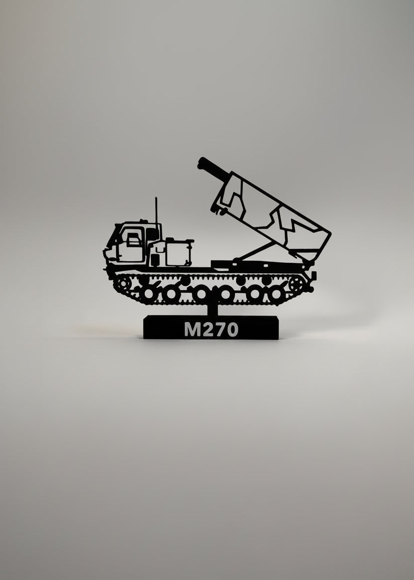 Black silhouette of a military vehicle with 'M270' on a gray background