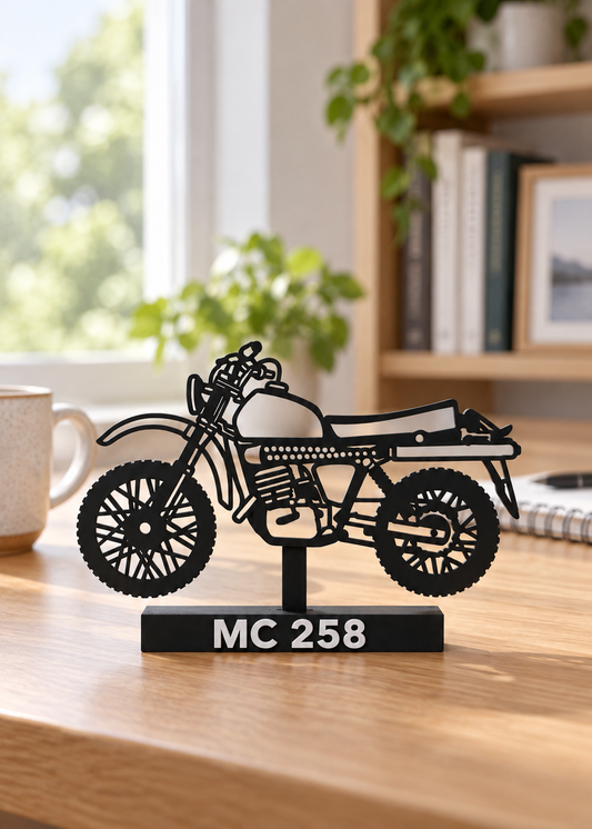 Digital product preview: MC 258 V3 reinforced silhouette displayed on a window-lit home-office desk. Styling props not included.