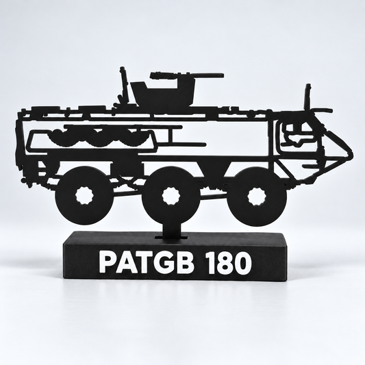 Closer digital studio preview of the flat 4 mm Swedish PATGB 180 display model, showing its open side profile, three wheels and recessed mounting slot.