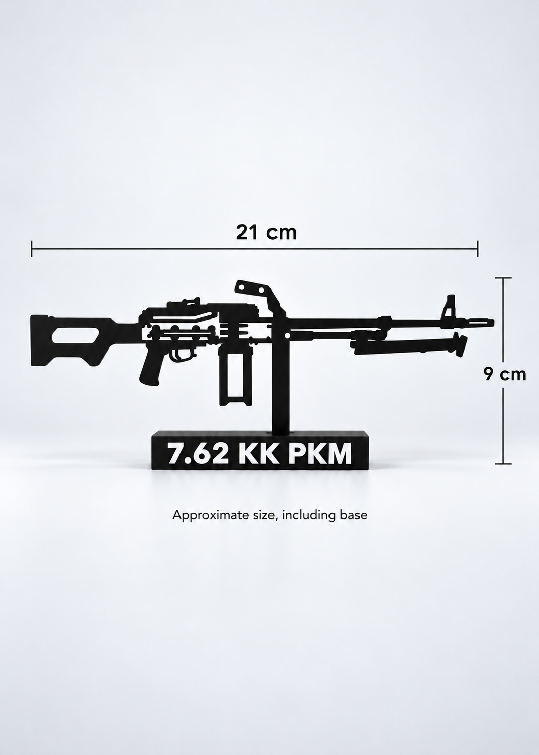 Digital preview of the updated 7.62 KK PKM Hilbert silhouette display model, dimension graphic. Approximate width 21 cm and height 9 cm, including display base.