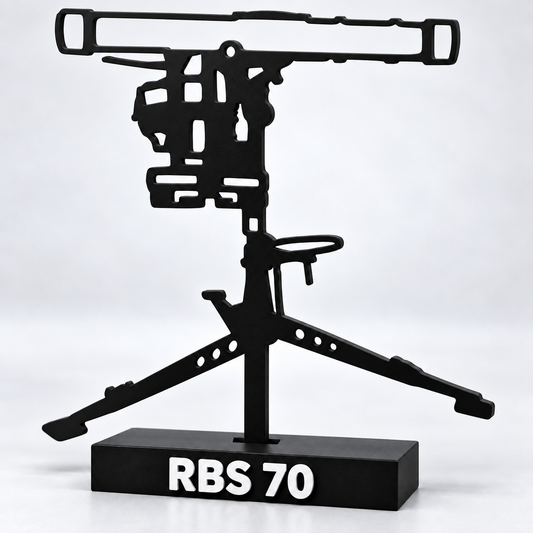 Digital preview of RBS 70 silhouette display model, angled view, showing the recessed mounting slot and concealed T-head.