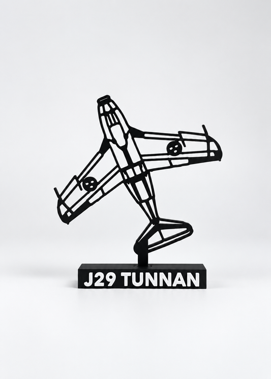 Updated J29 Tunnan matte black aircraft model on its J29 TUNNAN display base