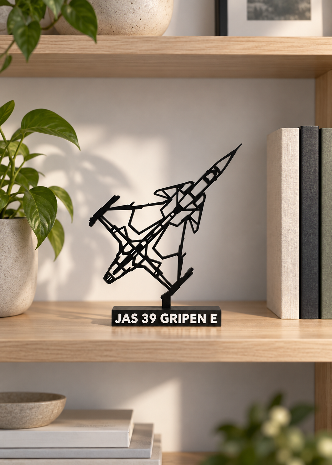 JAS 39 Gripen E på en trähylla med växter och böcker