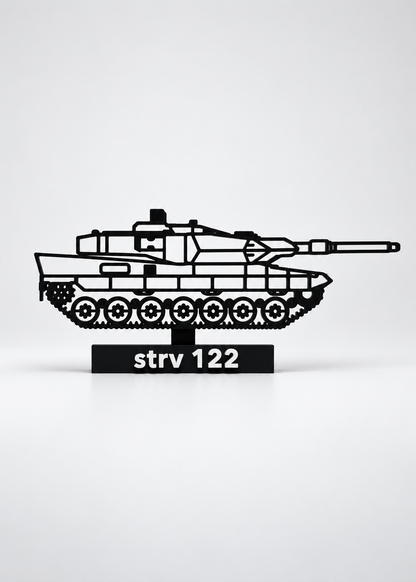 Stridsvagn 122 (strv 122) – aktuell svart 3D-printad silhuettmodell på märkt sockel, ingår i Swedish Tank Pack