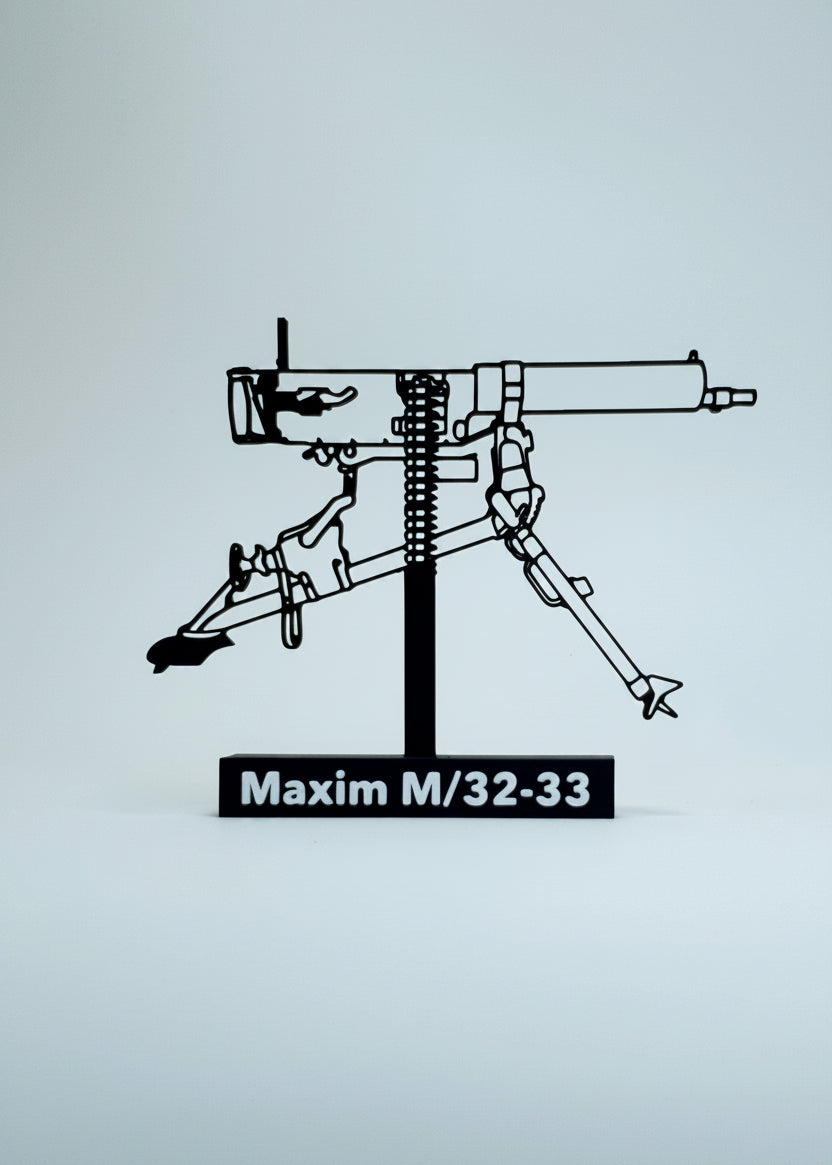 Black and white illustration of a Maxim M/32-33 machine gun on a light blue background