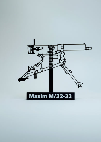 Black and white illustration of a Maxim M/32-33 machine gun on a light blue background