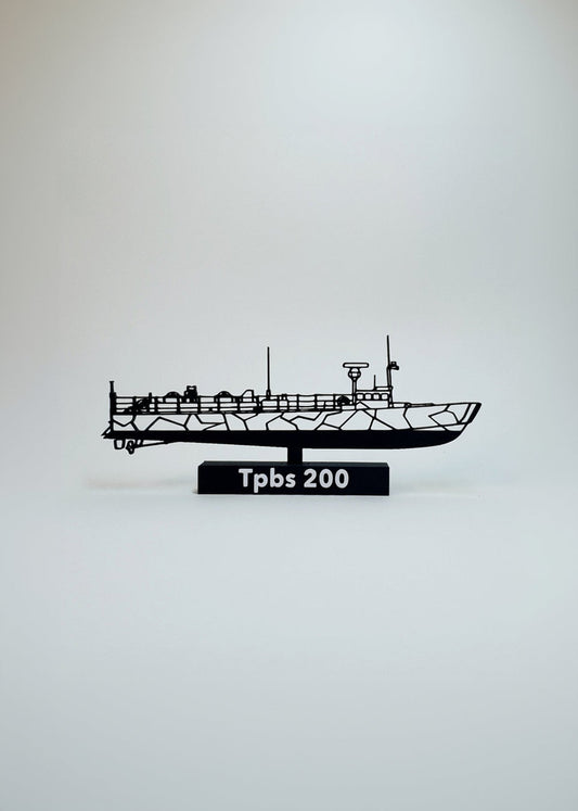 Black silhouette of a ship with 'Tpbs 200' text on a white background