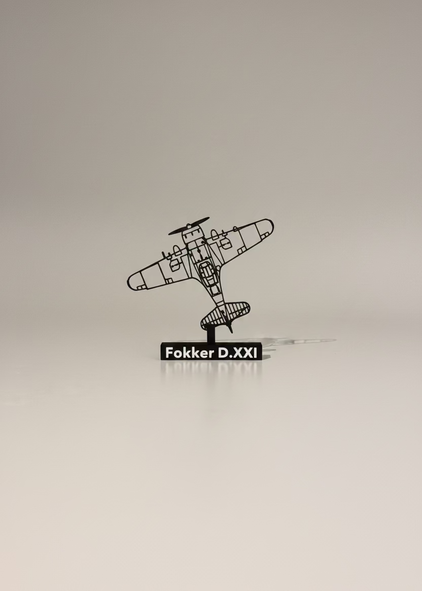 A black plastic sculpture of a Fokker D.XXI airplane displayed on a white table against a gray wall, with a framed picture in the background.