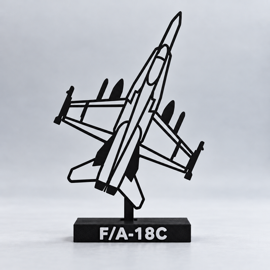 Digital studio preview of the updated F/A-18C decorative silhouette model, with reinforced open wing and fuselage frames, matte black finish and labelled display base.