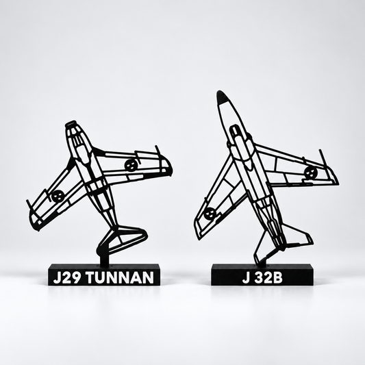 J29 Tunnan and J 32B Lansen matte black aircraft models displayed together on their labelled bases