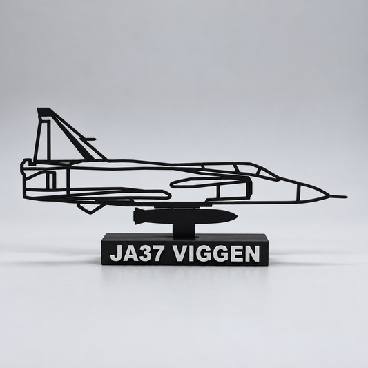 Rendered preview of the enlarged and reinforced JA37 Viggen side-profile model on its labelled display base