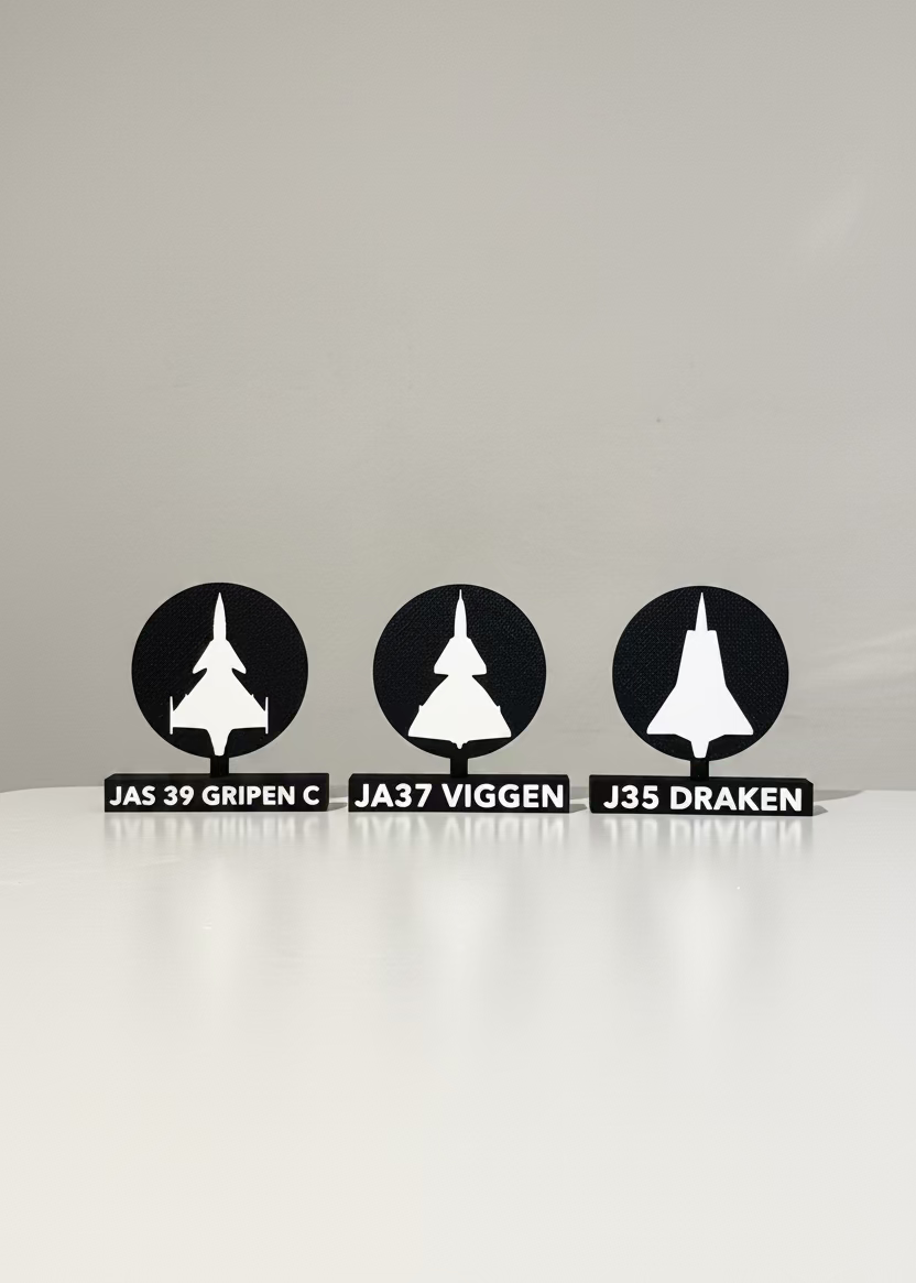 Three black and white plastic airplane nameplates on a white table, set against a neutral gray wall with a framed picture in the background.