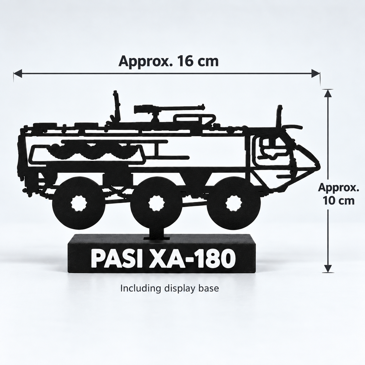 Digital preview of the PASI XA-180 display model with arrows showing approximately 16 cm width and 10 cm height including the display base.