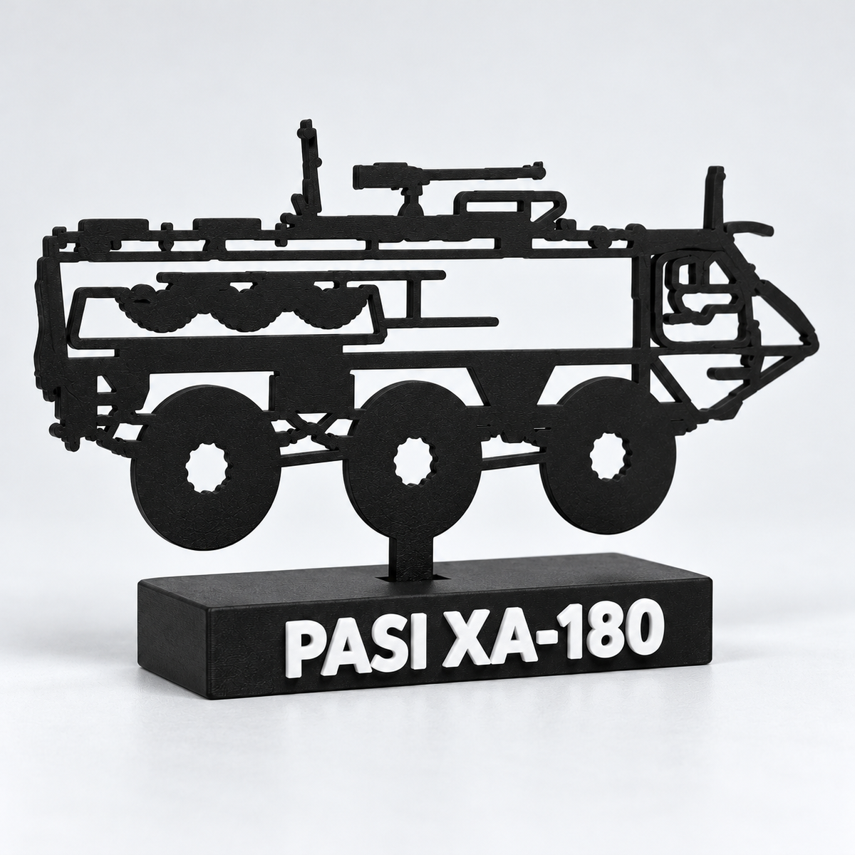 Closer angled digital studio preview of the flat 4 mm PASI XA-180 display model, showing its open side profile, three wheels and labelled base.