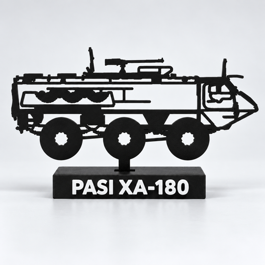 Digital studio preview of the Finnish PASI XA-180 silhouette display model in matte black, with white PASI XA-180 lettering and a recessed mounting slot.