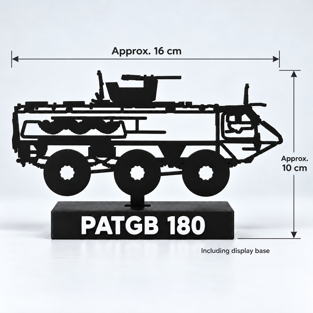 Digital sizing preview of the Swedish PATGB 180 display model with arrows showing approximately 16 cm overall vehicle width and 10 cm height including the display base.