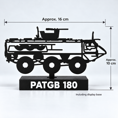 Digital sizing preview of the Swedish PATGB 180 display model with arrows showing approximately 16 cm overall vehicle width and 10 cm height including the display base.