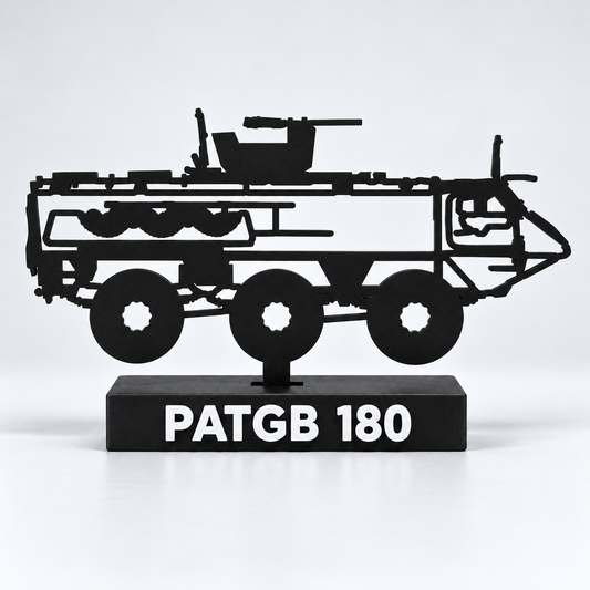 Digital studio preview of the Swedish PATGB 180 (Sisu XA-180) silhouette display model, with its protected roof-mounted gun position and white PATGB 180 label on a black base.