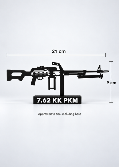 Digital preview of the updated 7.62 KK PKM Hilbert silhouette display model, dimension graphic. Approximate width 21 cm and height 9 cm, including display base.