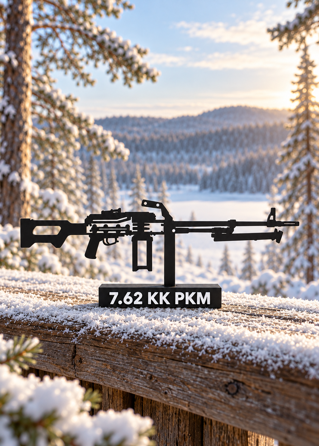 Digital preview of the updated 7.62 KK PKM Hilbert silhouette display model, Nordic winter outdoor lifestyle.