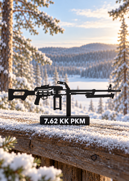 Digital preview of the updated 7.62 KK PKM Hilbert silhouette display model, Nordic winter outdoor lifestyle.