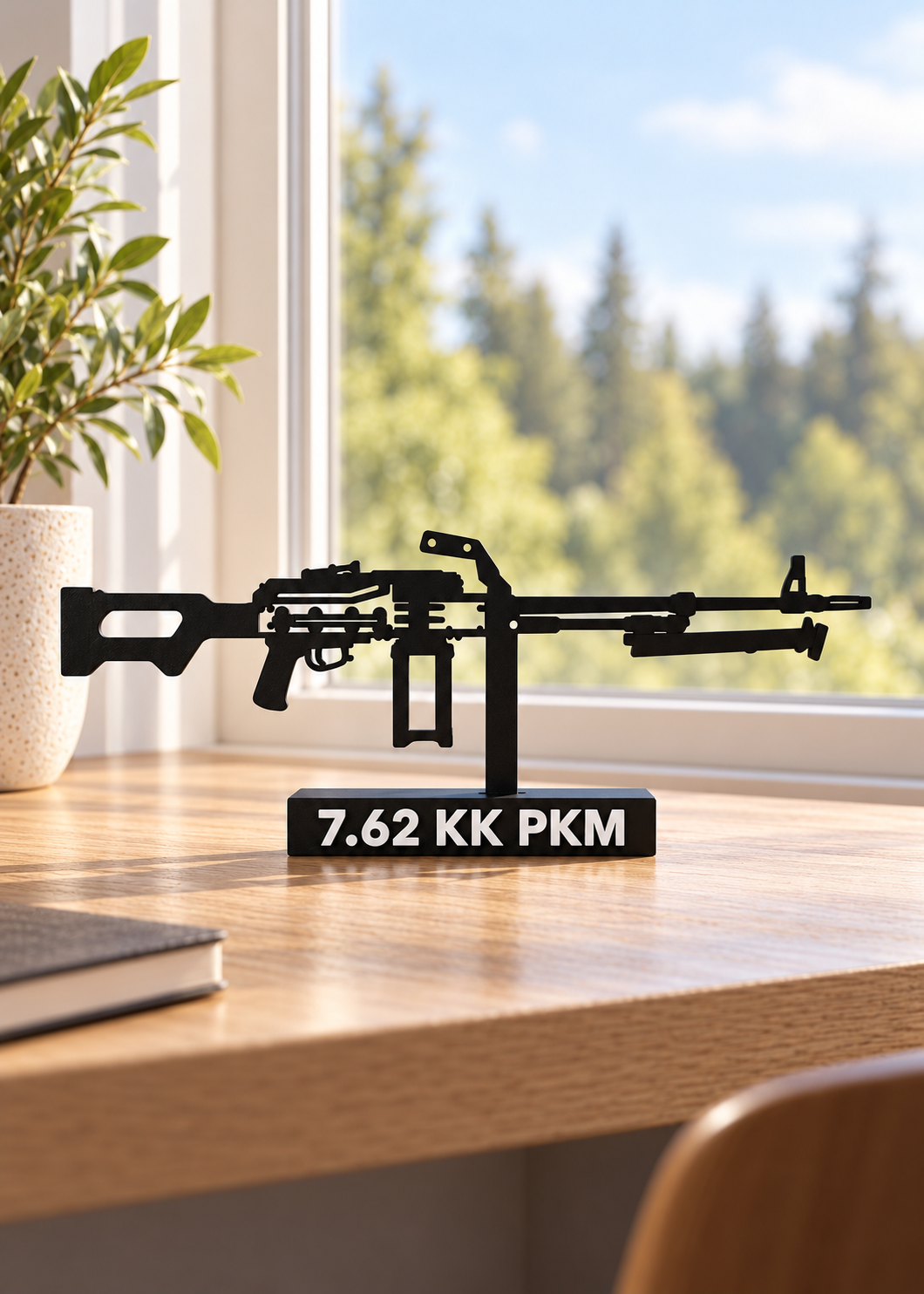 Digital preview of the updated 7.62 KK PKM Hilbert silhouette display model, window-side home-office lifestyle.