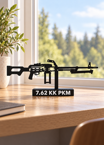 Digital preview of the updated 7.62 KK PKM Hilbert silhouette display model, window-side home-office lifestyle.