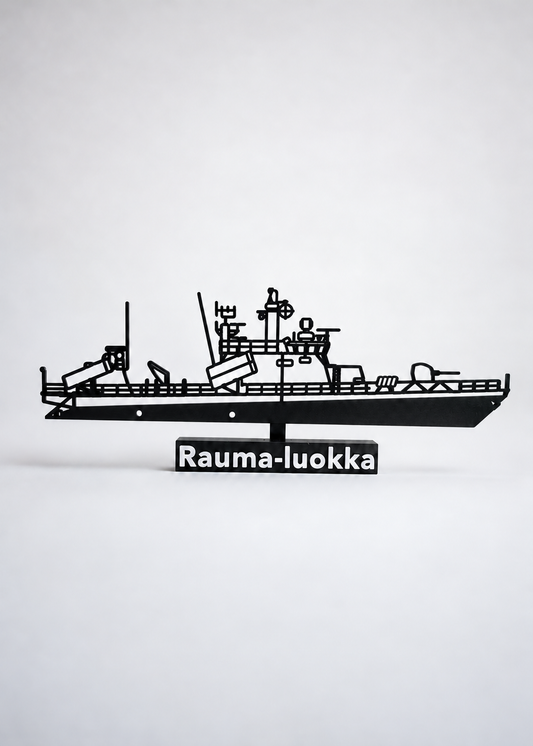 Rauma-luokka reinforced V2 flat silhouette with original display base, studio digital preview.