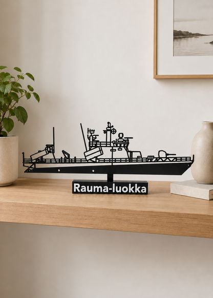 Rauma-luokka updated open-detail silhouette on a warm oak home shelf, digital lifestyle preview.
