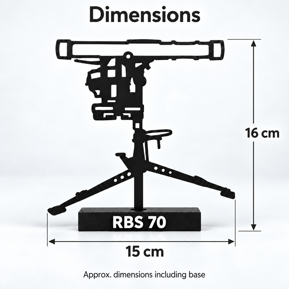 RBS 70 display model with dimension arrows showing approximate width 15 cm and height 16 cm including the display base.
