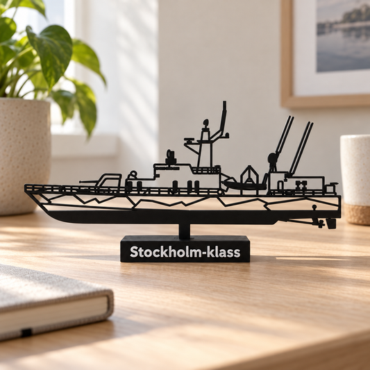 Rendered lifestyle preview of the revised Stockholm-class corvette with four separate rear antenna shafts on an oak home-office desk