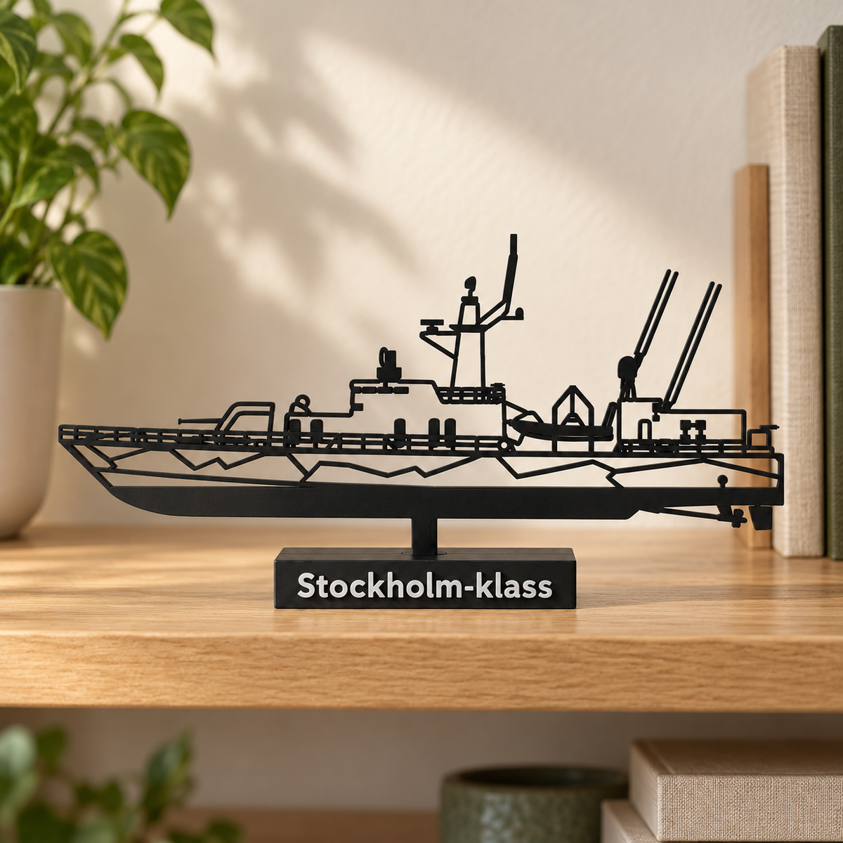 Rendered lifestyle preview of the revised Stockholm-class corvette with four separate rear antenna shafts on a collector's oak bookshelf