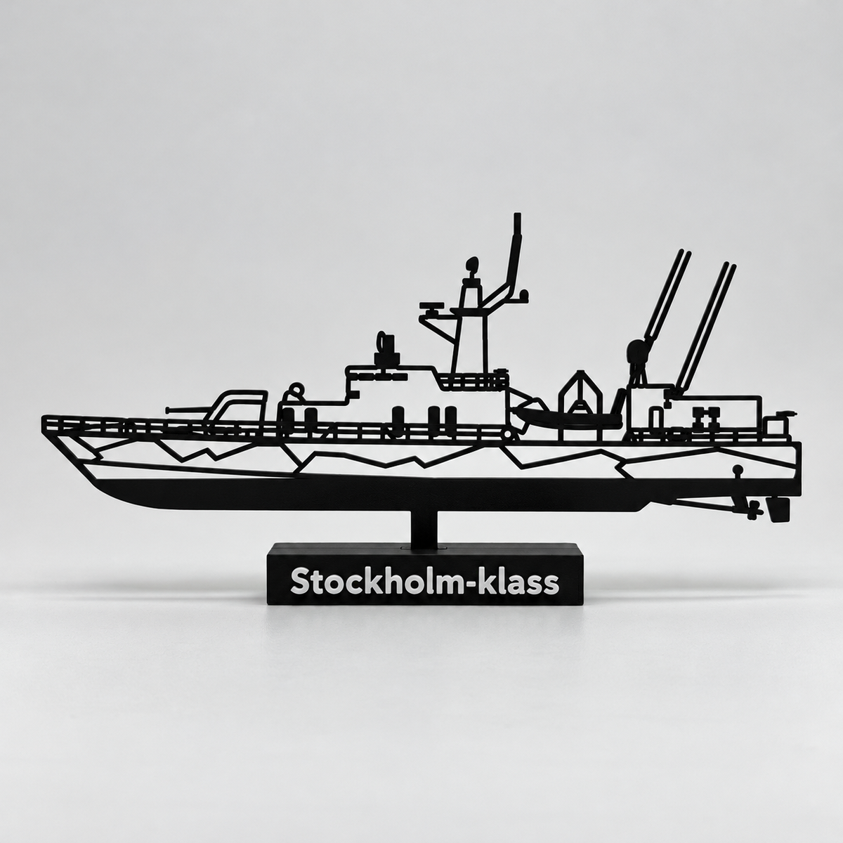 Rendered preview of the revised Stockholm-class corvette with four separate rear antenna shafts on its labelled display base