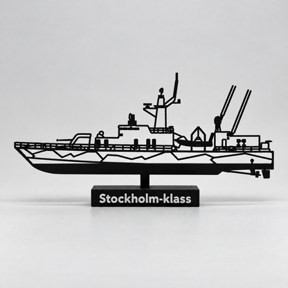 Rendered preview of the revised Stockholm-class corvette with four separate rear antenna shafts on its labelled display base