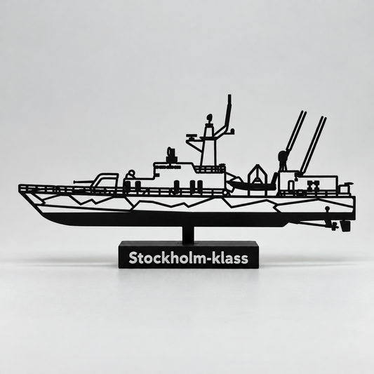 Rendered preview of the revised Stockholm-class corvette with four separate rear antenna shafts on its labelled display base