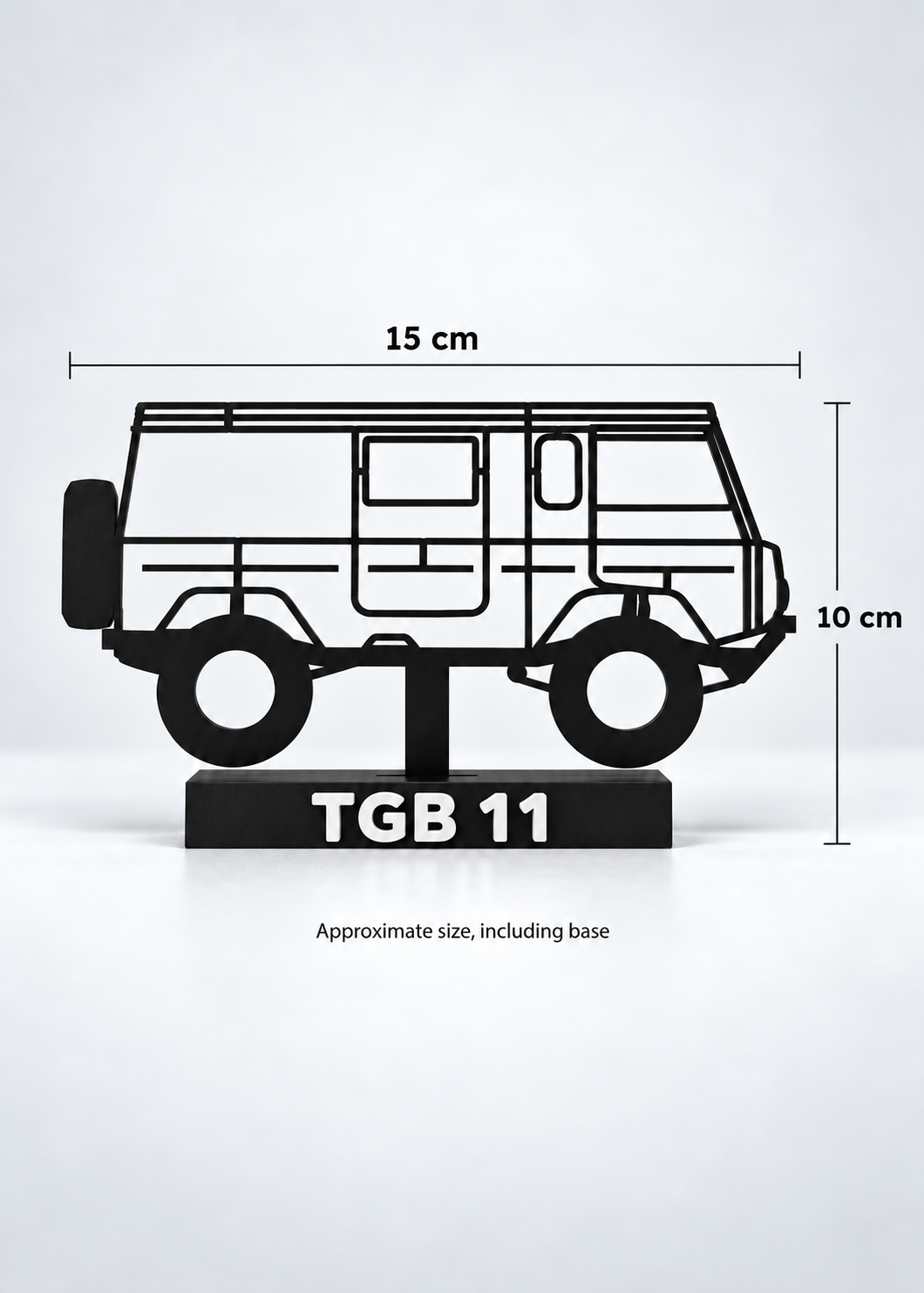 Digital preview of the updated TGB 11 Hilbert silhouette display model, dimension graphic. Approximate width 15 cm and height 10 cm, including display base.