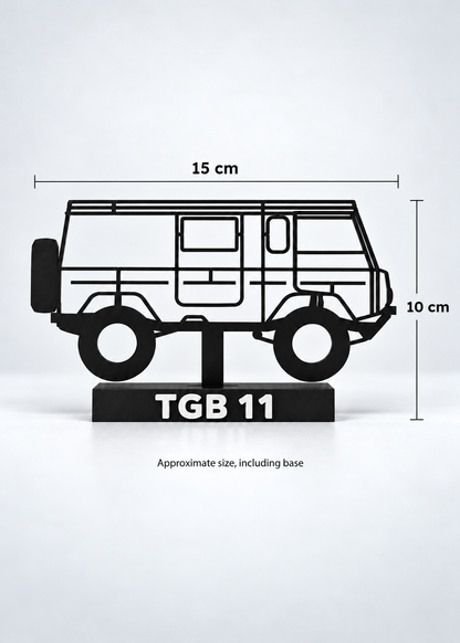 Digital preview of the updated TGB 11 Hilbert silhouette display model, dimension graphic. Approximate width 15 cm and height 10 cm, including display base.