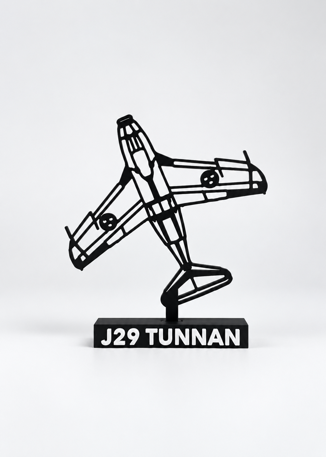 Updated J29 Tunnan matte black aircraft model on its J29 TUNNAN display base