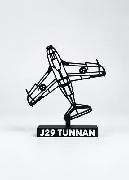 Updated J29 Tunnan matte black aircraft model on its J29 TUNNAN display base